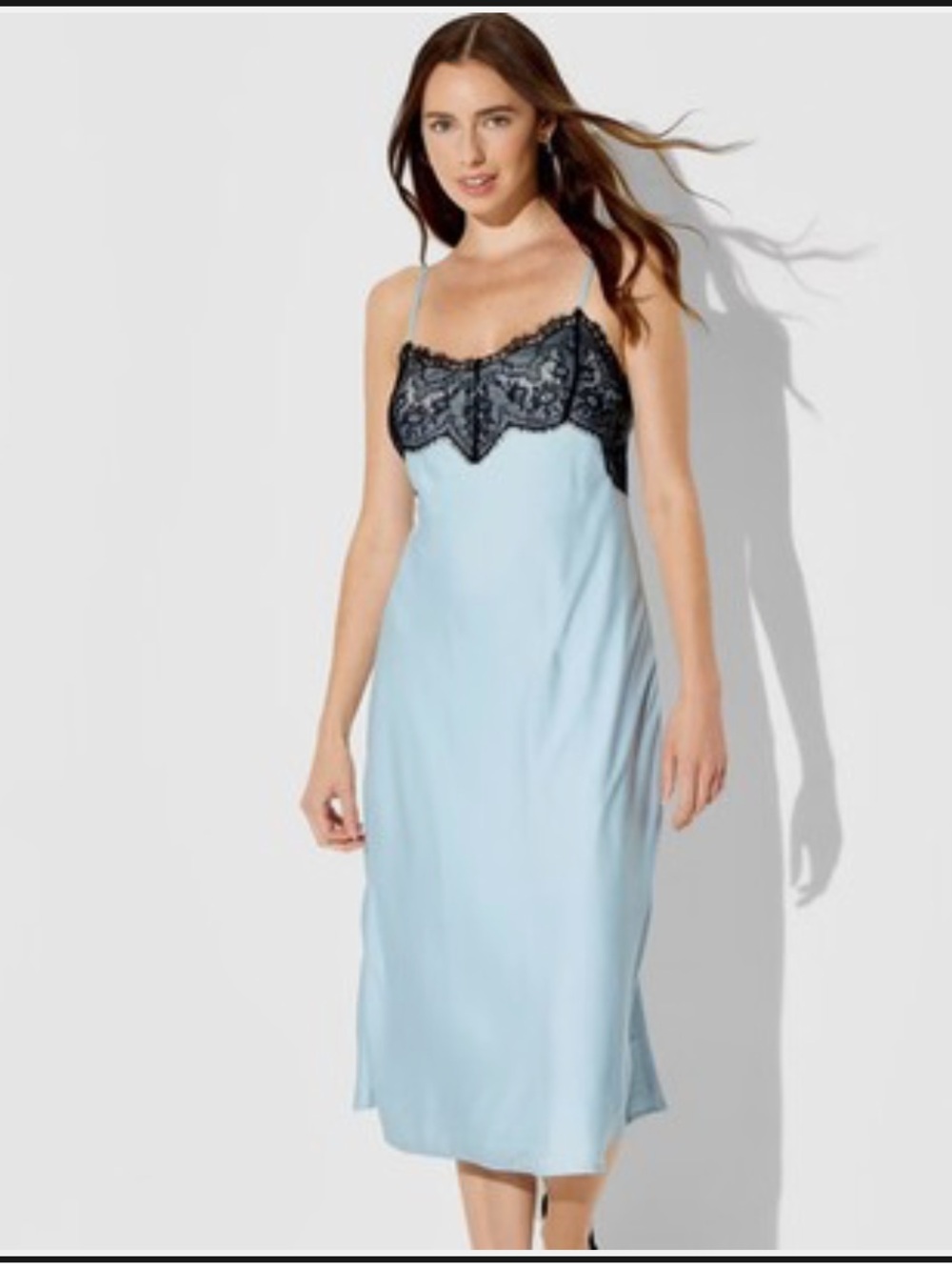 NWT wild fable Pale Blue Satin Slip Dress with Black Lace Trim
